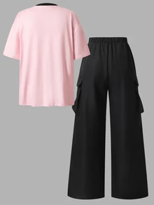 SHEIN Sparklyn 青少年女孩 2件組/套 美式復古青少年女孩套裝！奶油色與黑色拼接，甜美酷帥風格，充滿能量的加州元素 - 粉色 - 查看 2