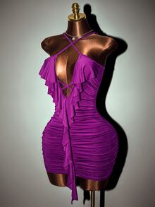 Mistrie Wave Hem Halter Neck Dress, Deep Purple Pleated Bodycon Mini Dress,Criss-Cross Backless Ruffle Trim,Summer Techno Club Night Rave Party Dress - Purple - View 1