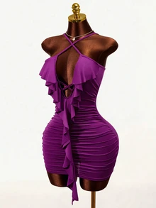 Mistrie Wave Hem Halter Neck Dress, Deep Purple Pleated Bodycon Mini Dress,Criss-Cross Backless Ruffle Trim,Summer Techno Club Night Rave Party Dress - Purple - View 5