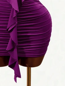 Mistrie Wave Hem Halter Neck Dress, Deep Purple Pleated Bodycon Mini Dress,Criss-Cross Backless Ruffle Trim,Summer Techno Club Night Rave Party Dress - Purple - View 8