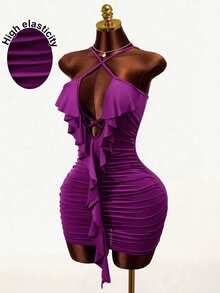 Mistrie Wave Hem Halter Neck Dress, Deep Purple Pleated Bodycon Mini Dress,Criss-Cross Backless Ruffle Trim,Summer Techno Club Night Rave Party Dress - Purple - View 2