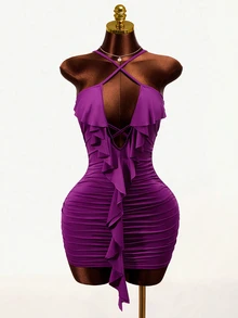 Mistrie Wave Hem Halter Neck Dress, Deep Purple Pleated Bodycon Mini Dress,Criss-Cross Backless Ruffle Trim,Summer Techno Club Night Rave Party Dress - Purple - View 7
