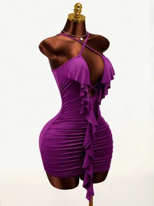 Mistrie Wave Hem Halter Neck Dress, Deep Purple Pleated Bodycon Mini Dress,Criss-Cross Backless Ruffle Trim,Summer Techno Club Night Rave Party Dress - Purple - View 6