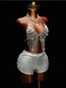 Mistrie Women's Sequin Tassel , Rhinestone Spaghetti Strap Halter Top For Summer, Concert, Party Disco, 70's, Silver Music Festival Y2K Clubs - Silver - View 4