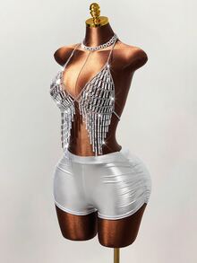 Mistrie Women's Sequin Tassel , Rhinestone Spaghetti Strap Halter Top For Summer, Concert, Party Disco, 70's, Silver Music Festival Y2K Clubs - Silver - View 6