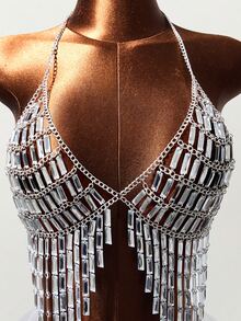 Mistrie Women's Sequin Tassel , Rhinestone Spaghetti Strap Halter Top For Summer, Concert, Party Disco, 70's, Silver Music Festival Y2K Clubs - Silver - View 7