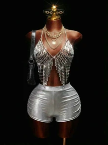 Mistrie Women's Sequin Tassel , Rhinestone Spaghetti Strap Halter Top For Summer, Concert, Party Disco, 70's, Silver Music Festival Y2K Clubs - Silver - View 3