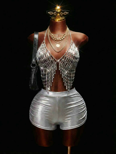 Mistrie Women's Sequin Tassel , Rhinestone Spaghetti Strap Halter Top For Summer, Concert, Party Disco, 70's, Silver Music Festival Y2K Clubs