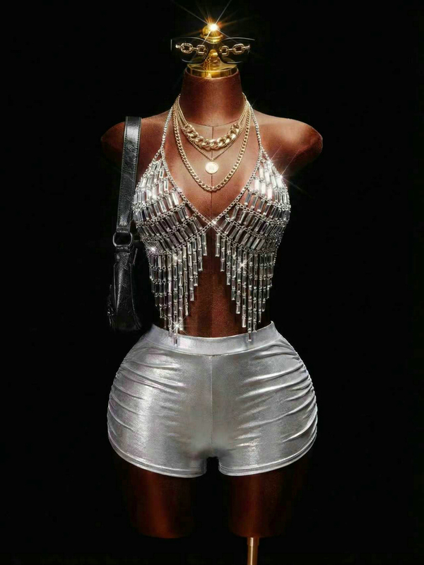 Mistrie Women's Sequin Tassel , Rhinestone Spaghetti Strap Halter Top For Summer, Concert, Party Disco, 70's, Silver Music Festival Y2K Clubs