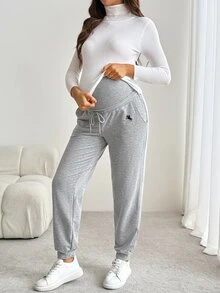 SHEIN 孕婦休閒百搭收口運動長褲 - 淺灰色 - 查看 8