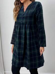 Faunlyn Fall Women Clothes Women's Front Button Long Sleeve Plaid Casual Mini Dress - Dark Green - View 4