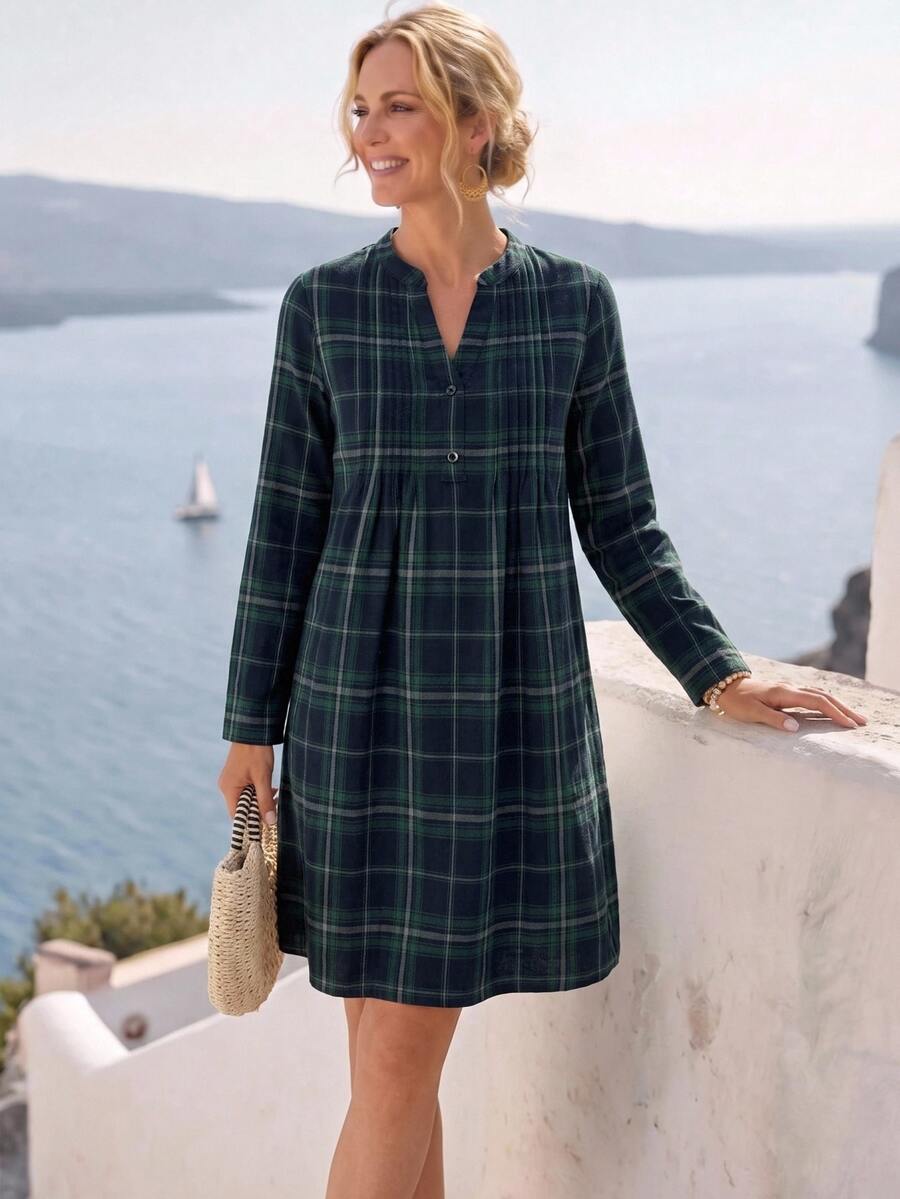 Faunlyn Fall Women Clothes Women's Front Button Long Sleeve Plaid Casual Mini Dress - Dark Green - View 1