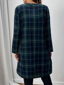 Faunlyn Fall Women Clothes Women's Front Button Long Sleeve Plaid Casual Mini Dress - Dark Green - View 6