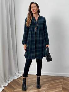 Faunlyn Fall Women Clothes Women's Front Button Long Sleeve Plaid Casual Mini Dress - Dark Green - View 3