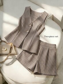 Franclia 女款卡其色復古格紋套裝，V領背心上衣＋長褲兩件套，秋冬四季通用，日常通勤休閒套裝，秋季服飾 - 卡其色 - 查看 1