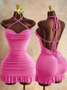 Mistrie Women's Hot Pink Drawstring Detail Mini Bodycon Dress,Summer 70s Halter Cami Dress With Tie Back For Night Out,Party,Club Outfits - Pink - View 2