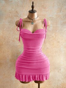 Mistrie Women's Hot Pink Drawstring Detail Mini Bodycon Dress,Summer 70s Halter Cami Dress With Tie Back For Night Out,Party,Club Outfits - Pink - View 5