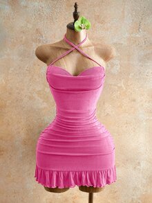 Mistrie Women's Hot Pink Drawstring Detail Mini Bodycon Dress,Summer 70s Halter Cami Dress With Tie Back For Night Out,Party,Club Outfits - Pink - View 3
