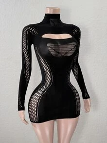 Mistrie Fashionable Sexy Solid Color Hollow Out Fitted Mini Dress Fall Cloth For Women - Black - View 6