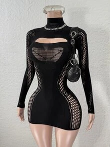Mistrie Fashionable Sexy Solid Color Hollow Out Fitted Mini Dress Fall Cloth For Women - Black - View 4
