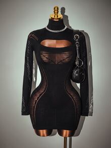 Mistrie Fashionable Sexy Solid Color Hollow Out Fitted Mini Dress Fall Cloth For Women - Black - View 2