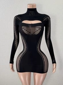 Mistrie Fashionable Sexy Solid Color Hollow Out Fitted Mini Dress Fall Cloth For Women - Black - View 5