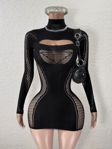 Mistrie Fashionable Sexy Solid Color Hollow Out Fitted Mini Dress Fall Cloth For Women - Black - View 1