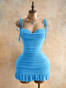 Mistrie Vestido mini ajustado con detalle de cordón, vestido mini de verano con tirantes verdes con nudo en la espalda para fiestas y noches, para mujeres, atuendos de club sexy para mujeres - Azul - Ver 6