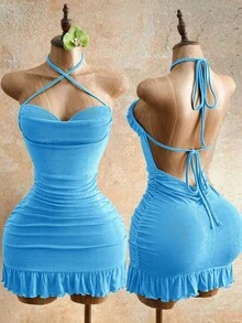 Mistrie Vestido mini ajustado con detalle de cordón, vestido mini de verano con tirantes verdes con nudo en la espalda para fiestas y noches, para mujeres, atuendos de club sexy para mujeres - Azul - Ver 2