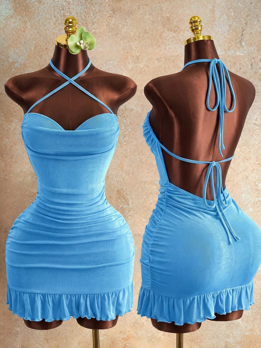 Mistrie Vestido mini ajustado con detalle de cordón, vestido mini de verano con tirantes verdes con nudo en la espalda para fiestas y noches, para mujeres, atuendos de club sexy para mujeres - Azul - Ver 1