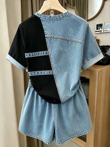 Resyla 女款2件套，撞色拼接2件套，圓領捲邊短袖上衣 + 抽繩彈性腰短褲休閒套裝，Y2K風格不對稱撞色拼接2件套，拼接街頭風套裝 - 彩色 - 查看 2