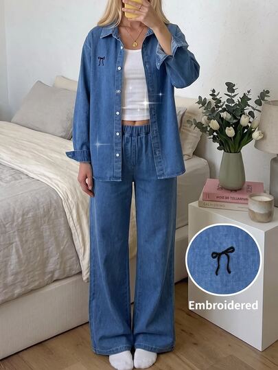 SHEIN Teen Girls Deep Blue Denim Loose Long Sleeve Shirt & Pants 2pcs Set Back To School Cowgir