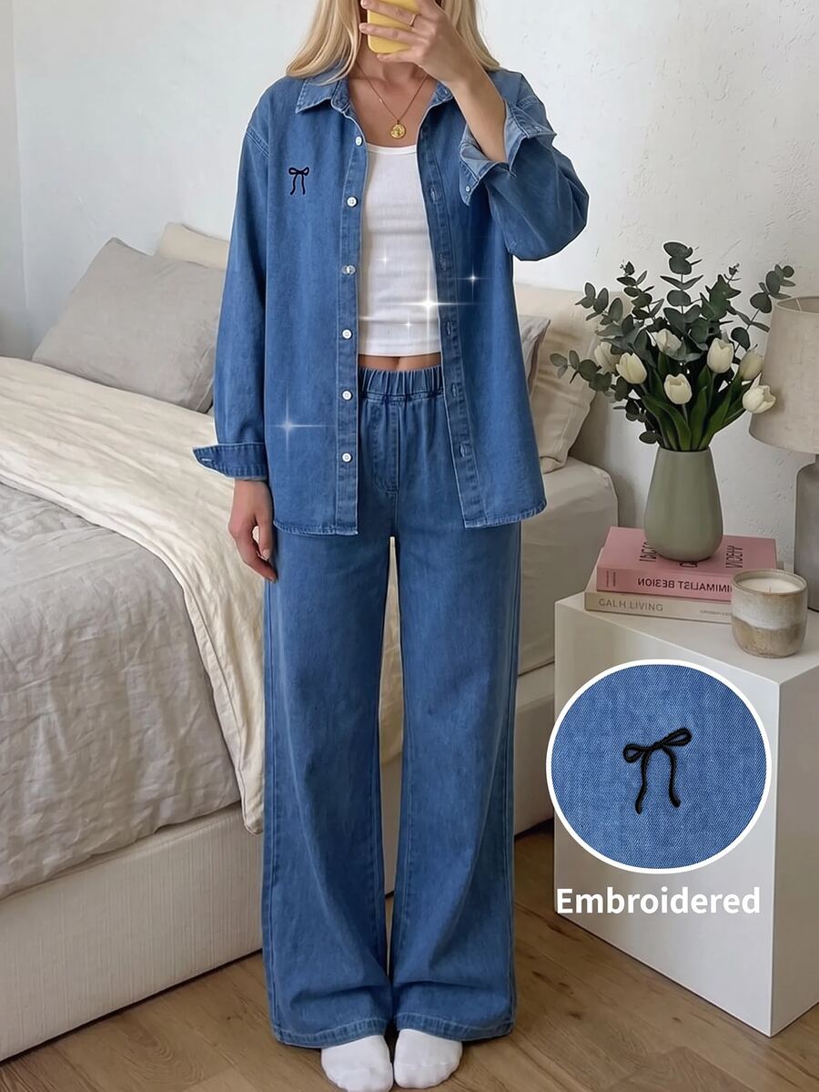 SHEIN Teen Girls Deep Blue Denim Loose Long Sleeve Shirt & Pants 2pcs Set Back To School Cowgir - Blue - View 1