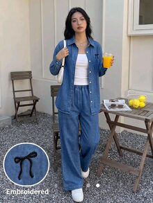 SHEIN Teen Girls Deep Blue Denim Loose Long Sleeve Shirt & Pants 2pcs Set Back To School Cowgir - Blue - View 2