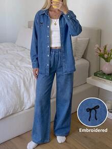 SHEIN Teen Girls Deep Blue Denim Loose Long Sleeve Shirt & Pants 2pcs Set Back To School Cowgir - Blue - View 3