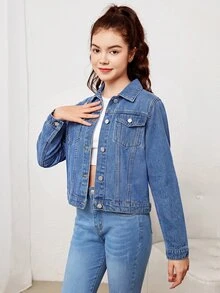SHEIN 女童青少年女孩淺藍色牛仔寬鬆短版長袖翻領夾克外套 秋冬返校穿搭 - 藍色 - 查看 5