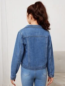 SHEIN 女童青少年女孩淺藍色牛仔寬鬆短版長袖翻領夾克外套 秋冬返校穿搭 - 藍色 - 查看 3