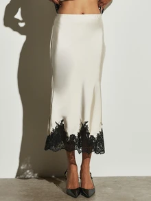 KSTM Satin Cami Top And Skirt Co-Ord Set With Deep V-Neck Drawstring Tie Waist And Black Lace Trim Detail Party - Multicolor - View 4