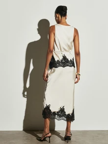 KSTM Satin Cami Top And Skirt Co-Ord Set With Deep V-Neck Drawstring Tie Waist And Black Lace Trim Detail Party - Multicolor - View 6
