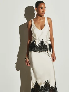 KSTM Satin Cami Top And Skirt Co-Ord Set With Deep V-Neck Drawstring Tie Waist And Black Lace Trim Detail Party - Multicolor - View 3