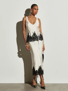 KSTM Satin Cami Top And Skirt Co-Ord Set With Deep V-Neck Drawstring Tie Waist And Black Lace Trim Detail Party - Multicolor - View 2
