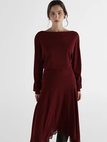 KSTM Bateau Neck Midi Dress With Dolman Sleeves Asymmetric Lace Trim Hem Flowy Holiday Party Fall Winter Style - Red - View 2