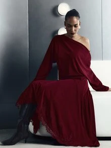 KSTM Bateau Neck Midi Dress With Dolman Sleeves Asymmetric Lace Trim Hem Flowy Holiday Party Fall Winter Style - Red - View 1