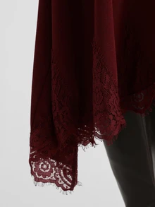 KSTM Bateau Neck Midi Dress With Dolman Sleeves Asymmetric Lace Trim Hem Flowy Holiday Party Fall Winter Style - Red - View 5
