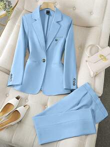 Franclia Women's Minimalist Notched Collar Single Button Blazer Jacket And Pants Suit, For Commuter Fall Cloth For Women - Blue - View 10