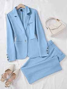 Franclia Women's Minimalist Notched Collar Single Button Blazer Jacket And Pants Suit, For Commuter Fall Cloth For Women - Blue - View 9