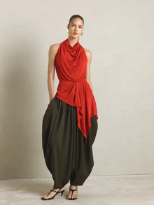 KSTM Asymmetric Cowl Neck Draped Halter Blouse With Ruched Waist Detail Sleeveless Satin Finish Longline Top For Evening Party - Red - View 3