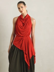 KSTM Asymmetric Cowl Neck Draped Halter Blouse With Ruched Waist Detail Sleeveless Satin Finish Longline Top For Evening Party - Red - View 2