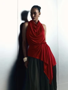 KSTM Asymmetric Cowl Neck Draped Halter Blouse With Ruched Waist Detail Sleeveless Satin Finish Longline Top For Evening Party - Red - View 1