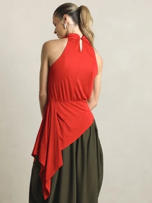 KSTM Asymmetric Cowl Neck Draped Halter Blouse With Ruched Waist Detail Sleeveless Satin Finish Longline Top For Evening Party - Red - View 5